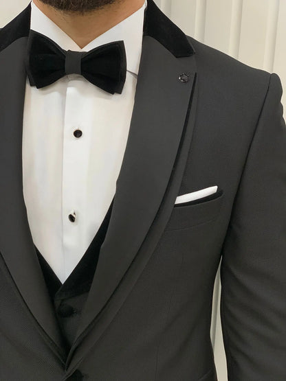 Glendale Black Slim Fit Velvet Satin Shawl Lapel Tuxedo - BRABION