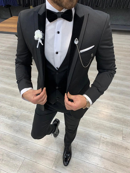 Keene Black Velvet Peak Lapel Tuxedo - The Pinnacle of Formal Elegance - BRABION