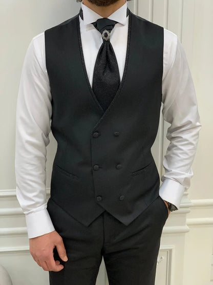 Forte Black Slim Fit Glitter Peak Lapel Wedding Suit - BRABION