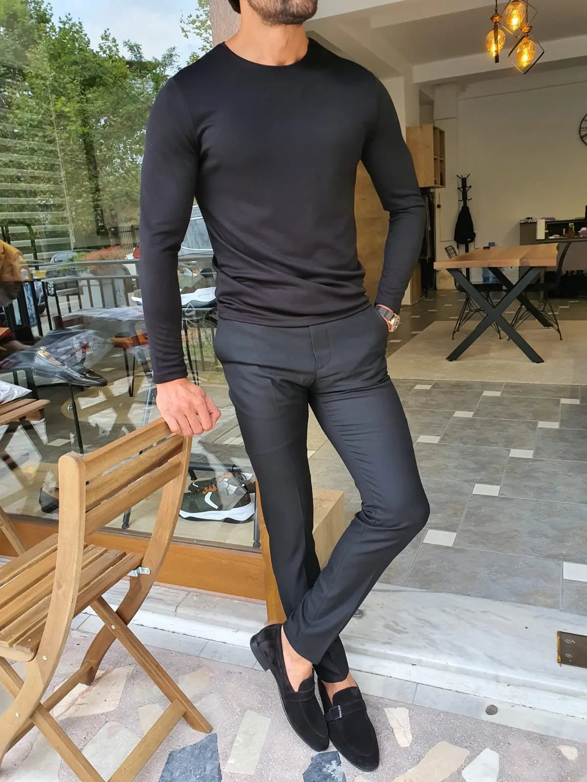 Stefano Black Slim Fit Round Neck Sweater - BRABION