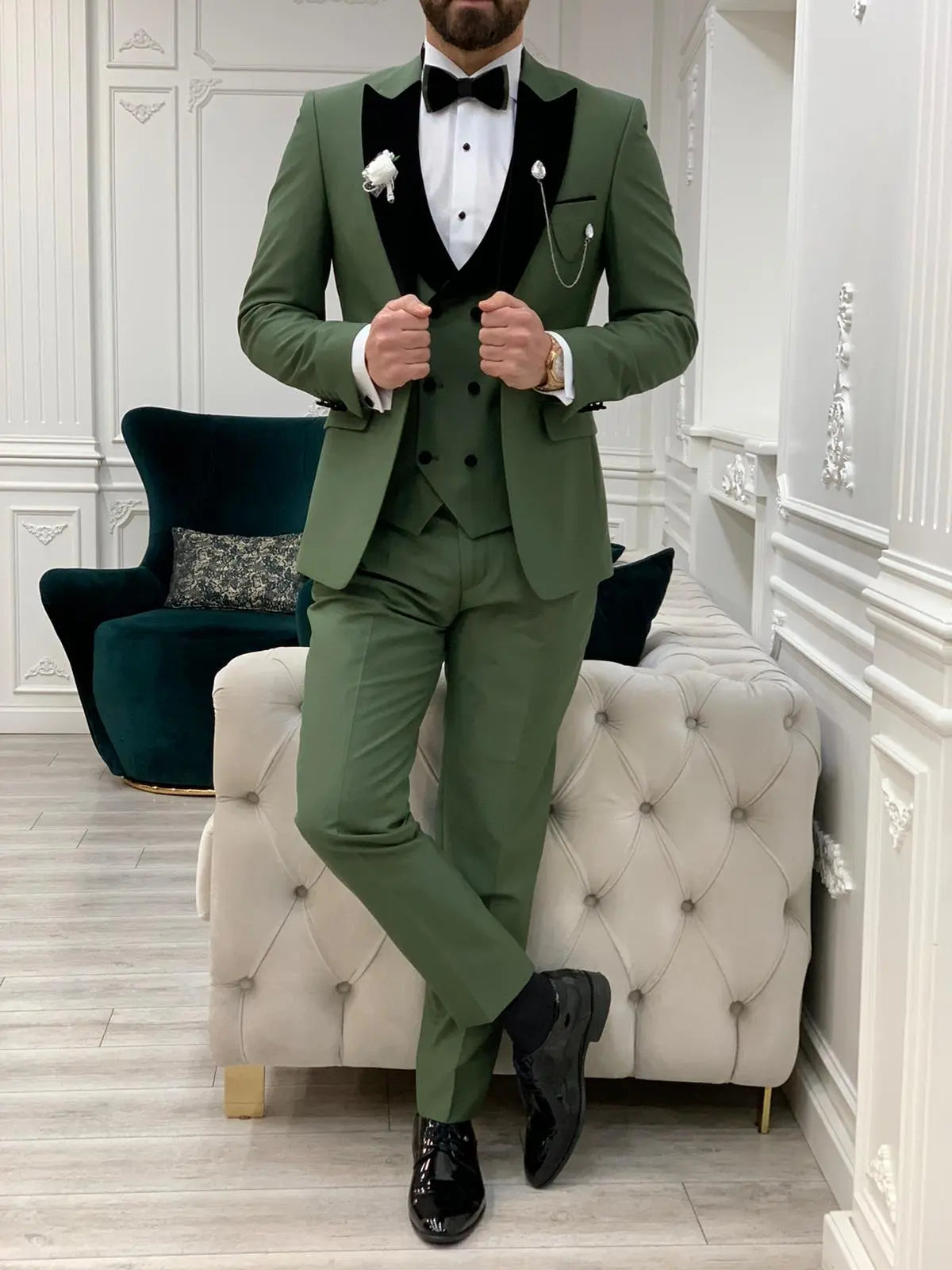 Eden Light Green Slim Fit Velvet Peak Lapel Tuxedo - BRABION