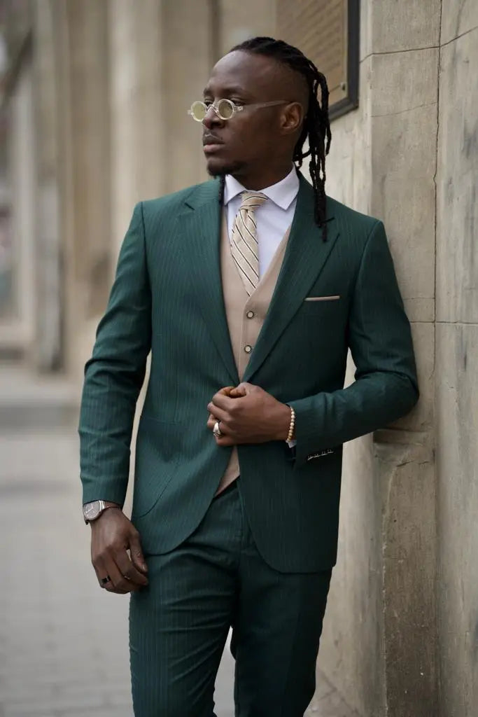 Sorento Green Slim Fit Pinstripe Combination Suit for Men brabion