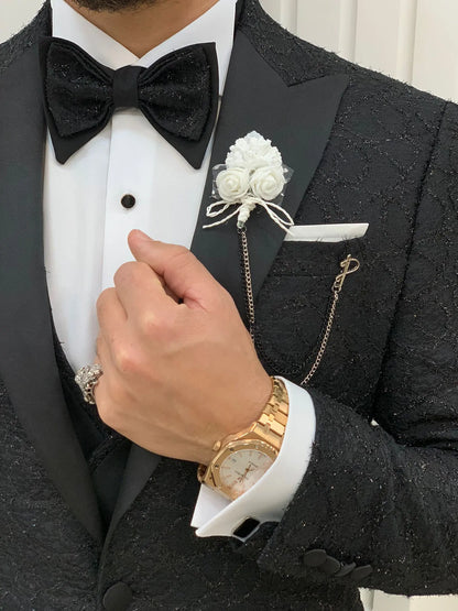 Caesar Black Slim Fit Peak Lapel Floral Patterned Tuxedo - BRABION