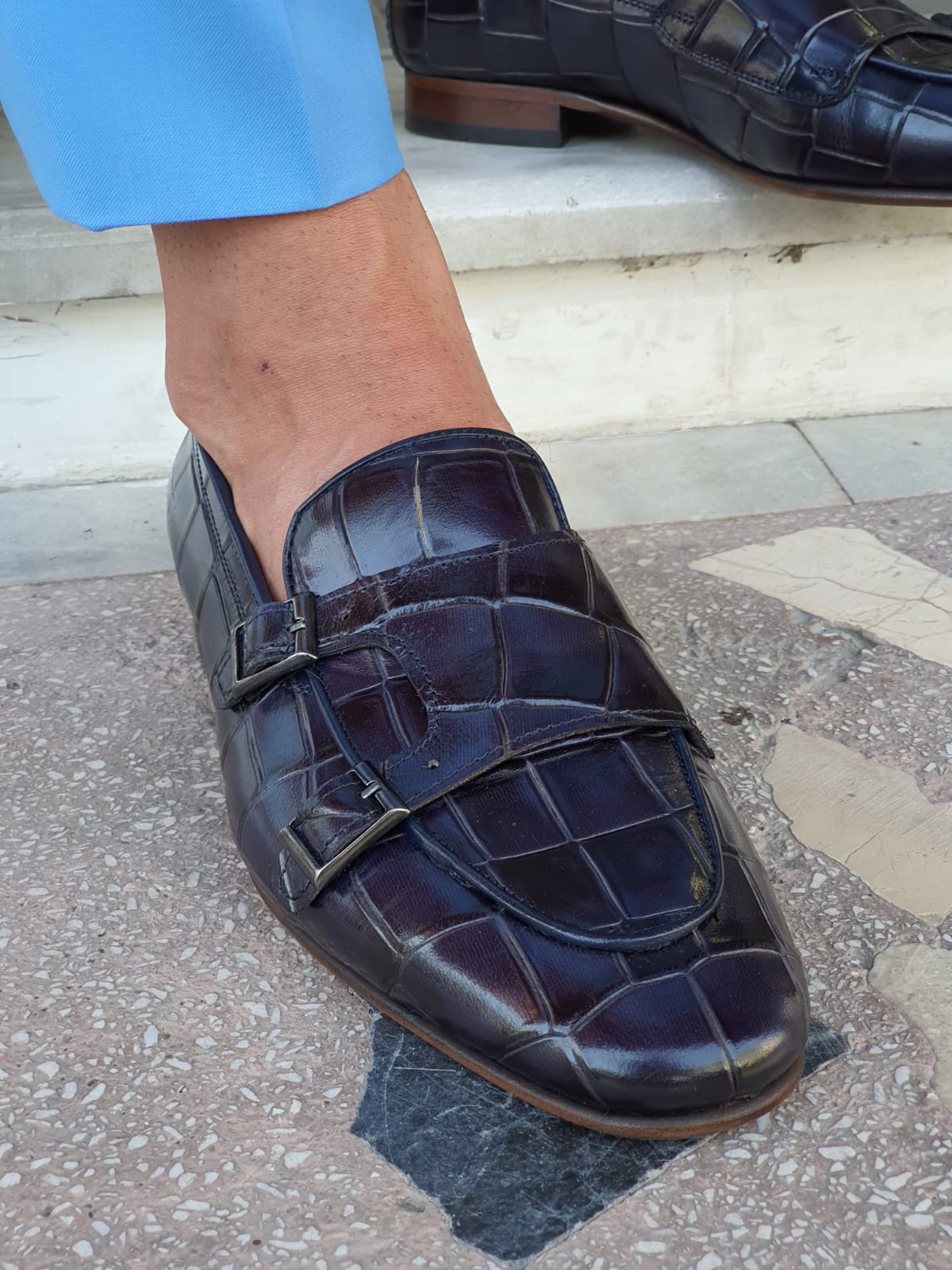Livorno Navy Blue Double Monk Strap Loafers - BRABION