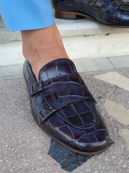 Livorno Navy Blue Double Monk Strap Loafers - BRABION