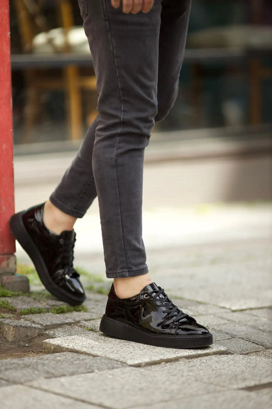 Romeo Eva Sole Glossy Black Leather Sneakers - BRABION