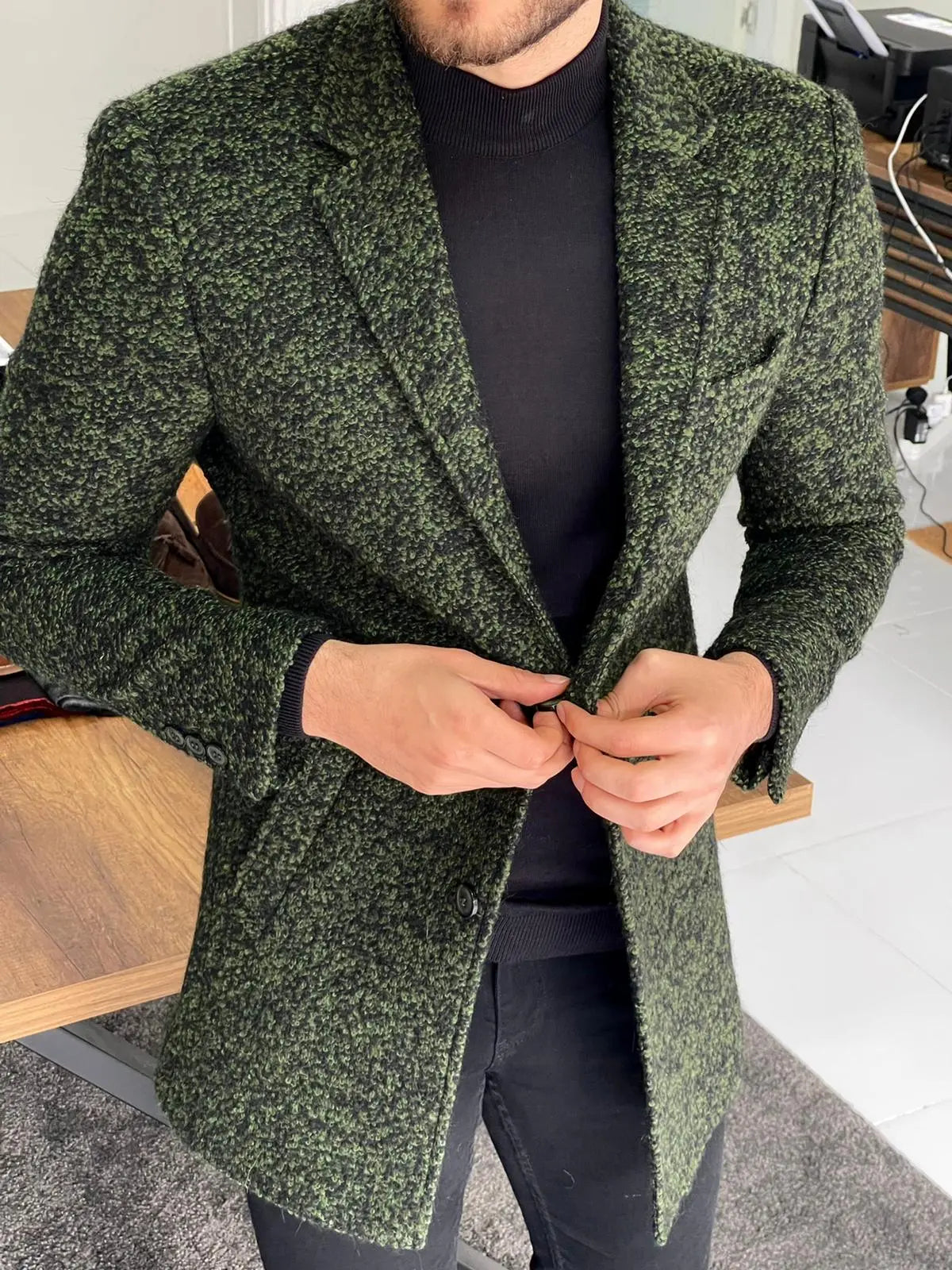 Melbourne Khaki Slim Fit Wool Long Coat - BRABION