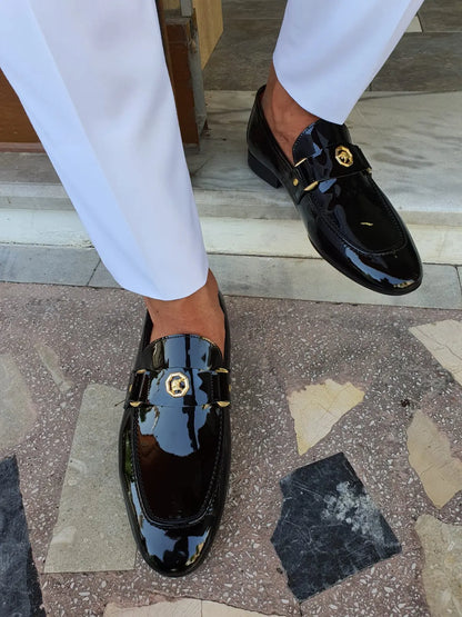 Berton Black Patent Leather Penny Loafers for Men - BRABION