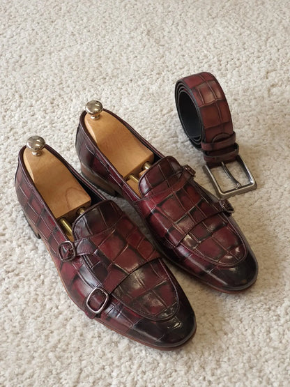 Antonio Burgundy Double Monk Strap Loafers - Redefining Elegance in Men's Footwear - BRABION