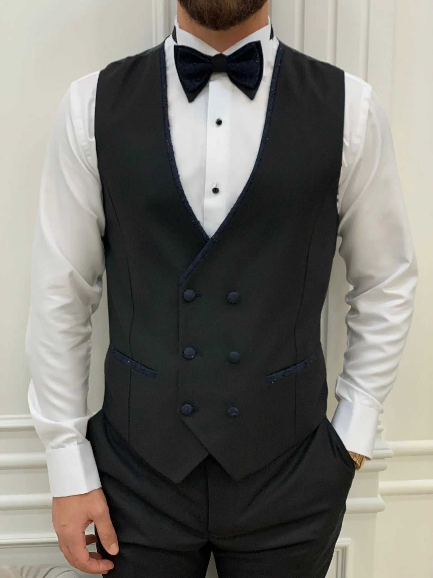 Caesar Navy Blue Slim Fit Peak Lapel Floral Patterned Tuxedo - BRABION