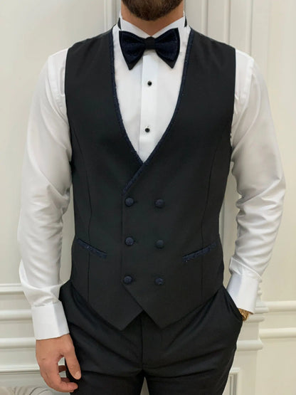 Caesar Navy Blue Slim Fit Peak Lapel Floral Patterned Tuxedo - BRABION