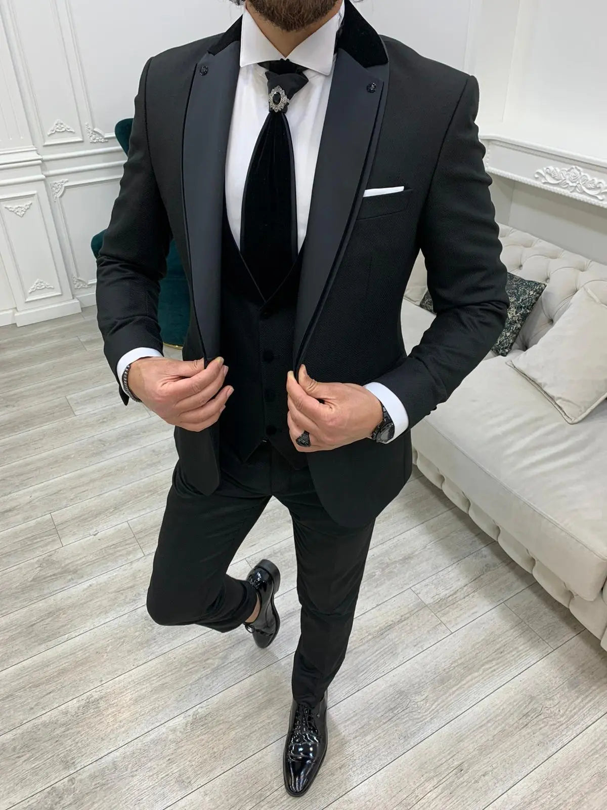 Forte Black Slim Fit Notch Lapel Wedding Suit - BRABION