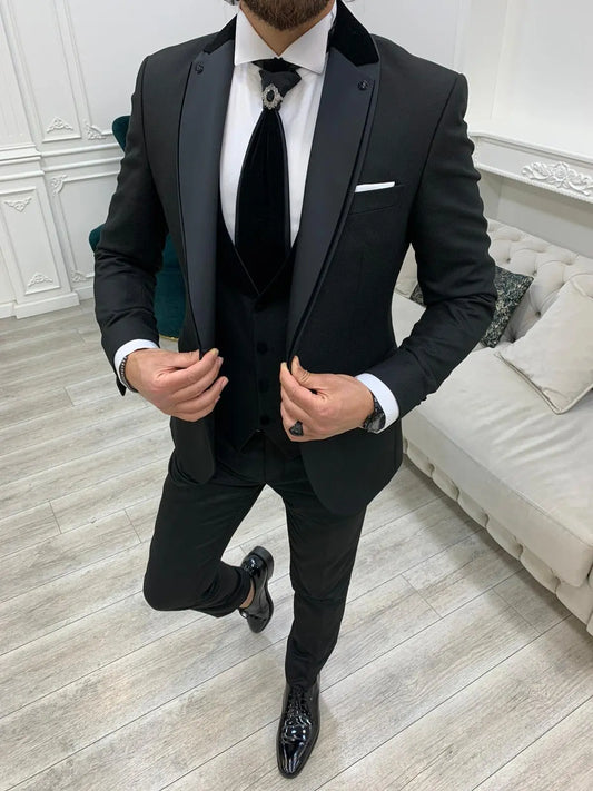 Forte Black Slim Fit Notch Lapel Wedding Suit - BRABION