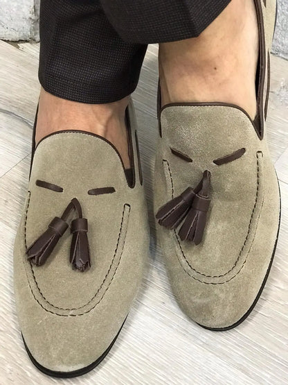 Tassel Suede Leather Cream Loafers - BRABION