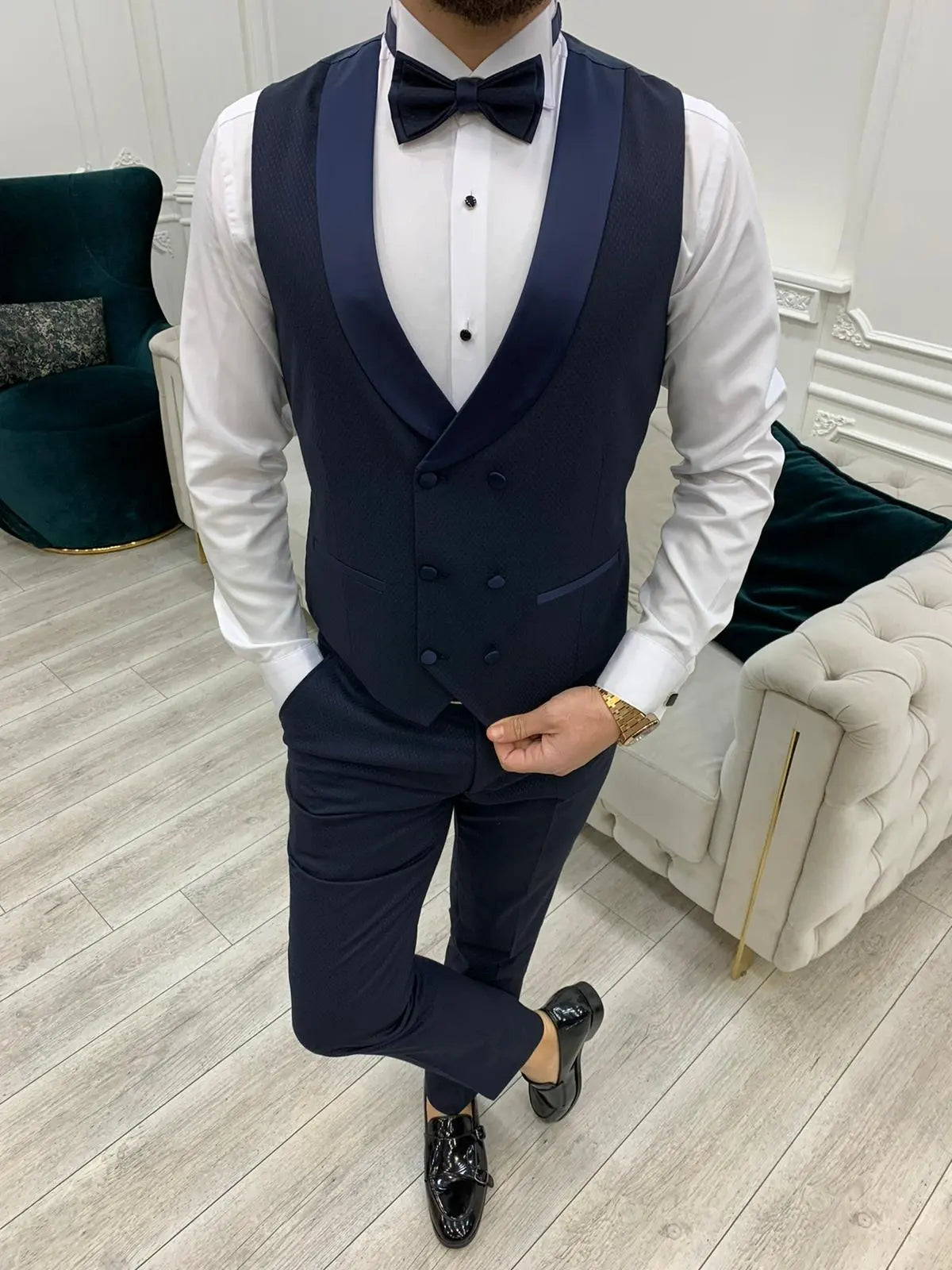 Avion Navy Blue Slim Fit Shawl Lapel Tuxedo - BRABION