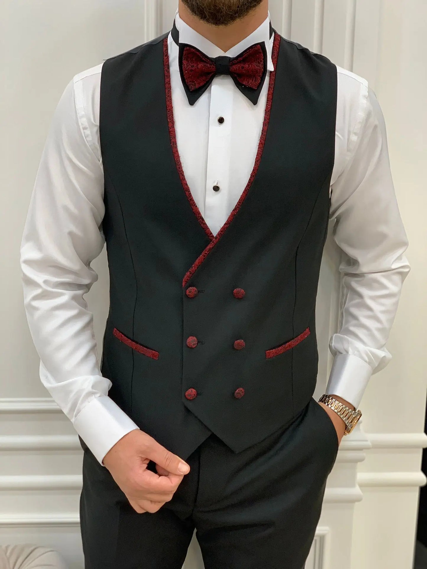 Caesar Red Slim Fit Peak Lapel Floral Patterned Tuxedo - BRABION