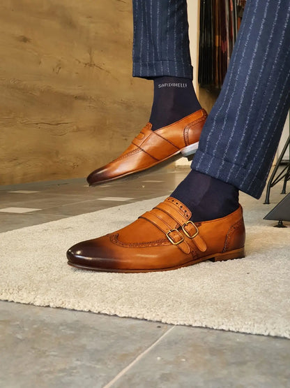 Stefano Tan Buckle Wingtip Loafers - Sophisticated Leather Footwear - BRABION