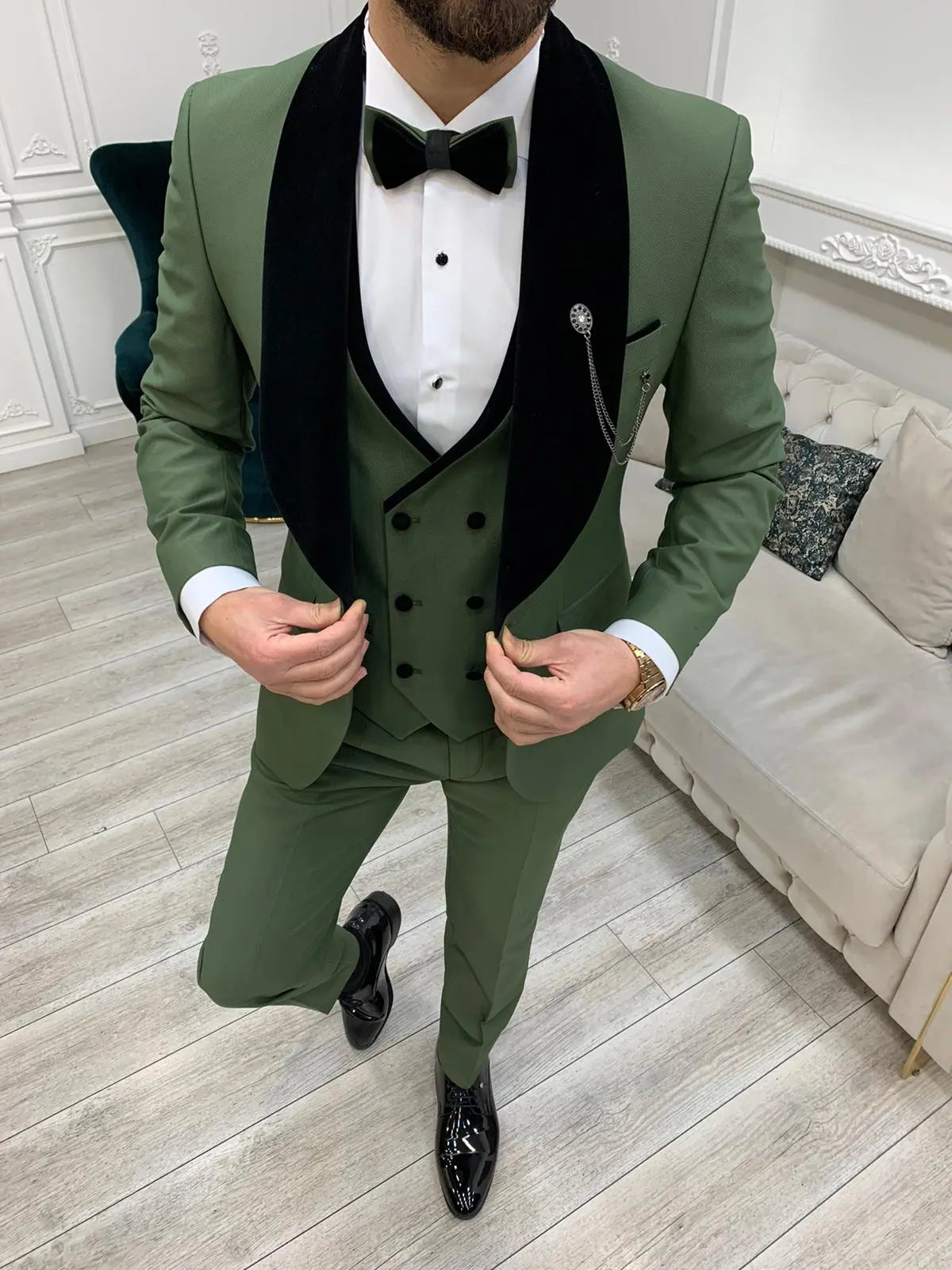 Eden Light Green Slim Fit Velvet Shawl Lapel Tuxedo - BRABION