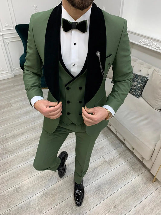Eden Light Green Slim Fit Velvet Shawl Lapel Tuxedo - BRABION