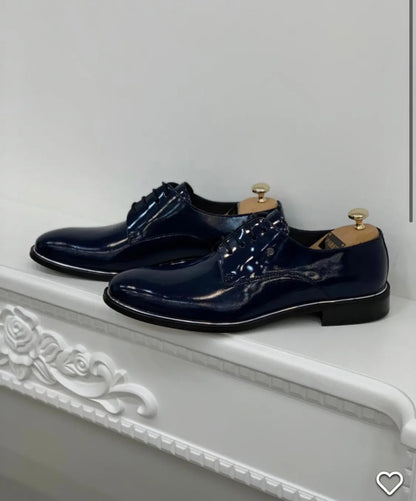 Berton Navy Blue Leather Lace-Up Classic Shoes - BRABION