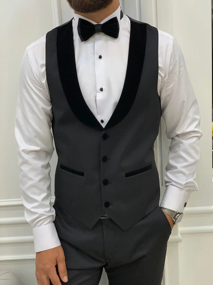 Edmond Black Slim Fit Velvet Peak Lapel Tuxedo - BRABION