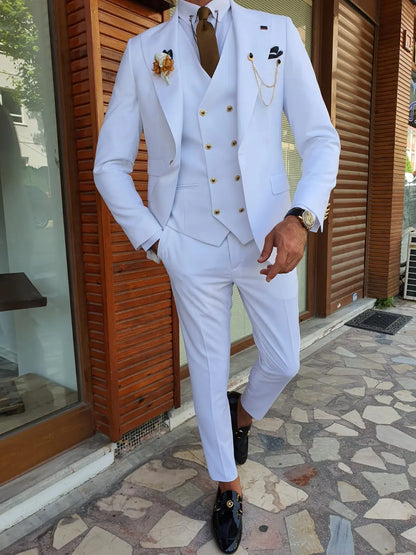 Boston White Slim Fit Peak Lapel Wool Suit for Modern Men BOJONI