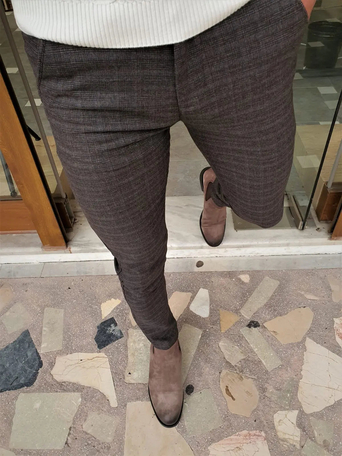Henderson Brown Slim Fit Plaid Cotton Pants - BRABION