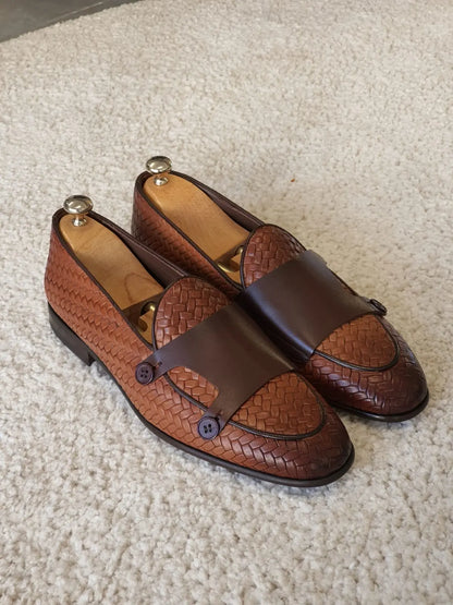 Bristol Tan Woven Leather Double Monk Strap Loafers - BRABION