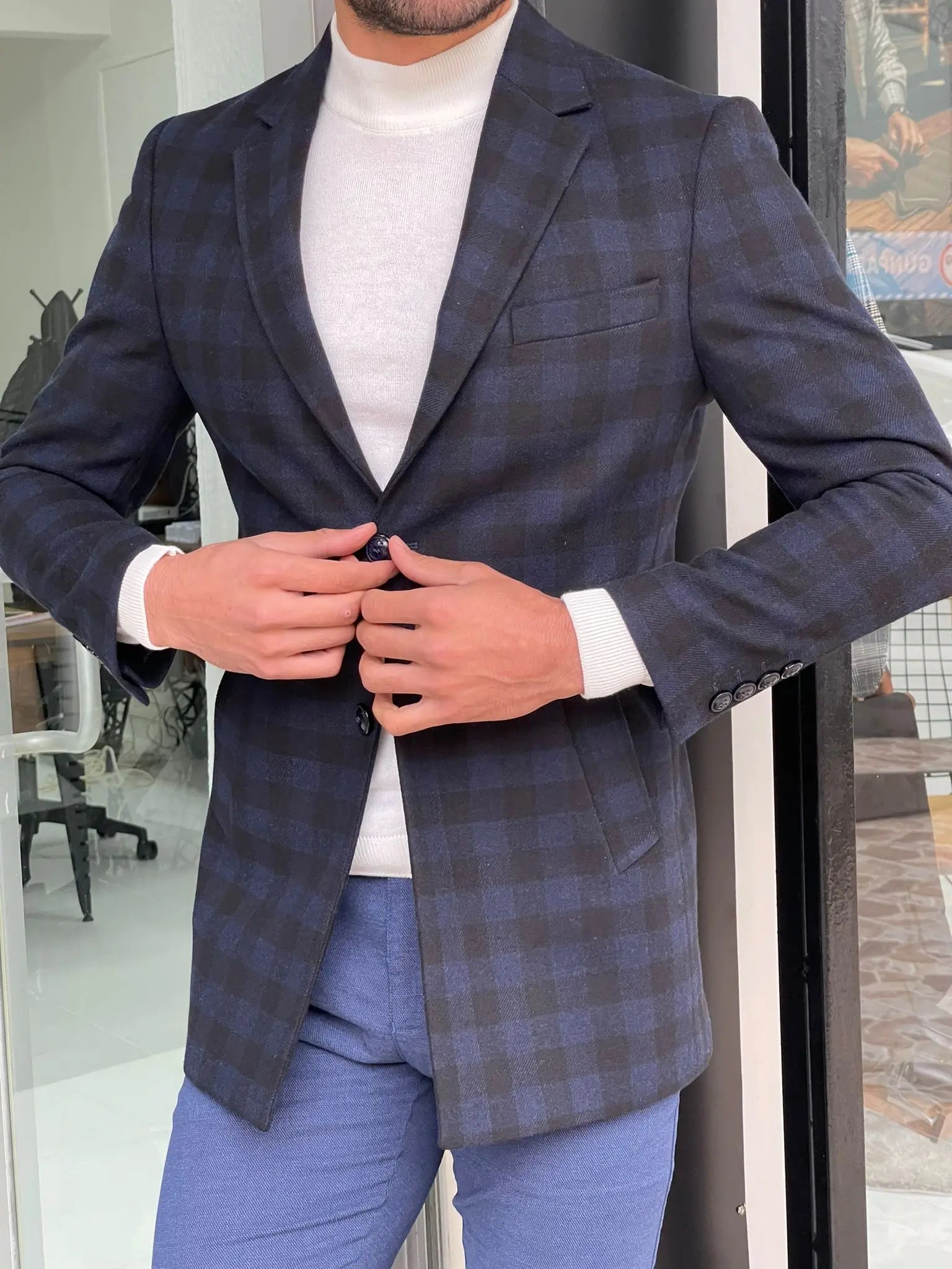 Melbourne Navy Blue Slim Fit Plaid Wool Long Coat - BRABION