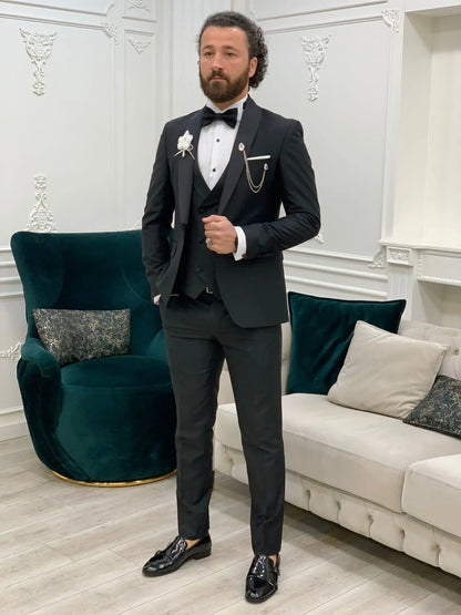 Avion Black Slim Fit Shawl Lapel Tuxedo: The Pinnacle of Formal Elegance - BRABION