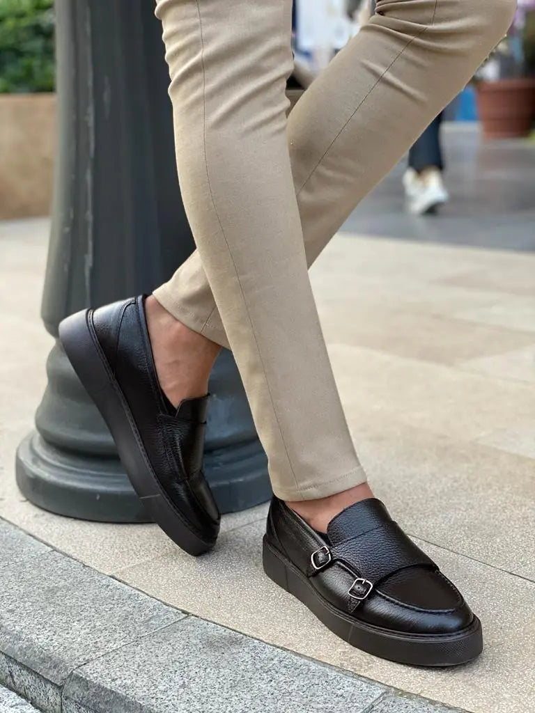 Remy Brown Double Monk Strap Loafers - Elegant Leather Footwear for Men - BRABION