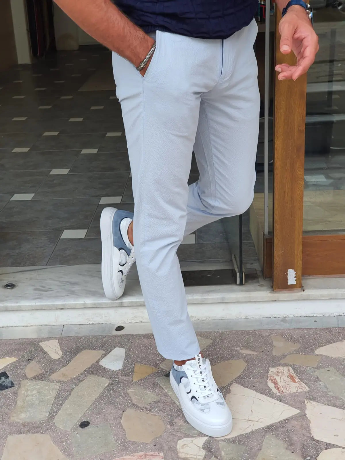 Berton Blue Slim Fit Cotton Pants - BRABION