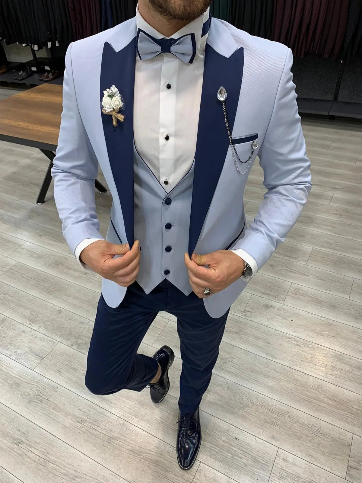 Wilson Sky Blue Slim Fit Peak Lapel Tuxedo: Perfect for Formal Occasions - BRABION