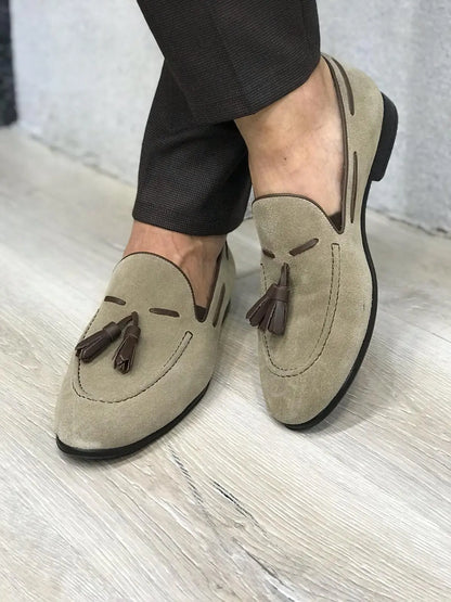 Tassel Suede Leather Cream Loafers - BRABION