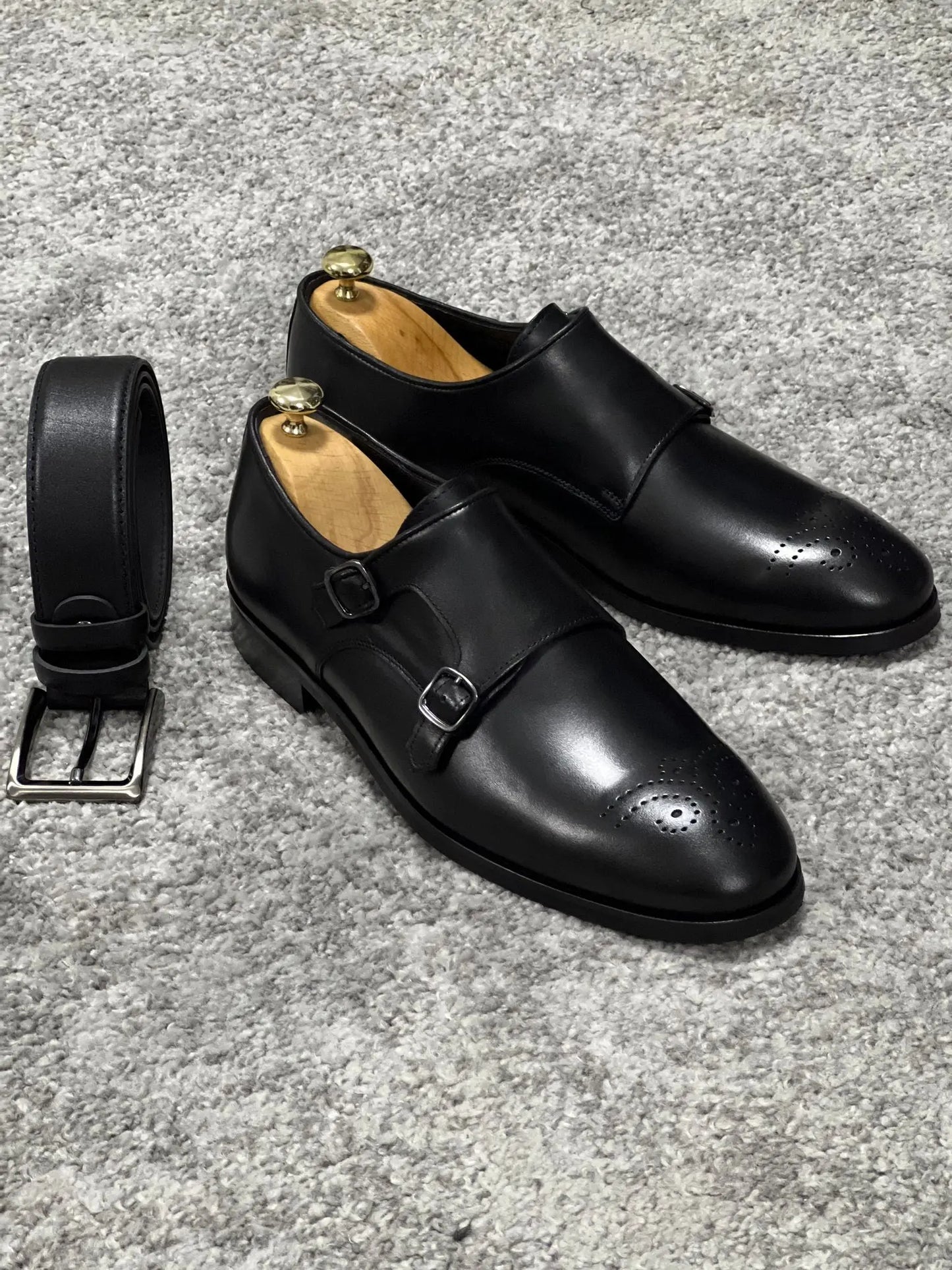 Lenzi Special Edition Neolite Sole Double Monk Stap Black Shoes - BRABION