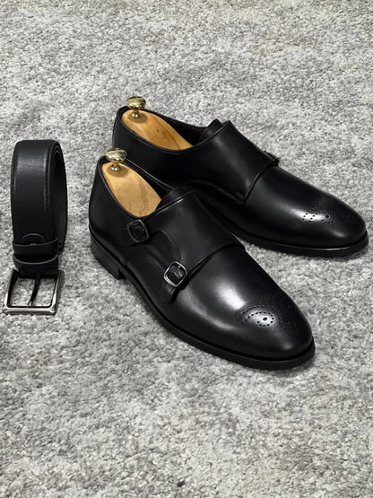 Lenzi Special Edition Neolite Sole Double Monk Stap Black Shoes - BRABION