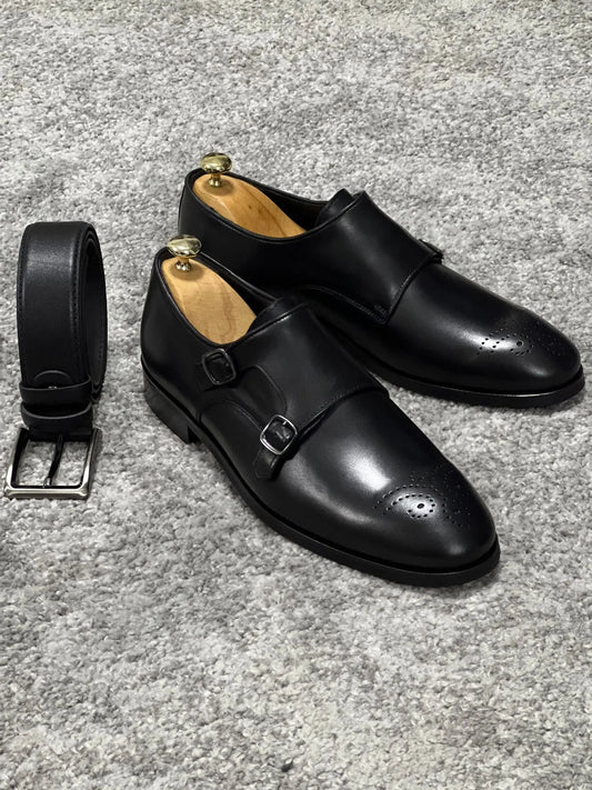 Lenzi Special Edition Neolite Sole Double Monk Stap Black Shoes - BRABION