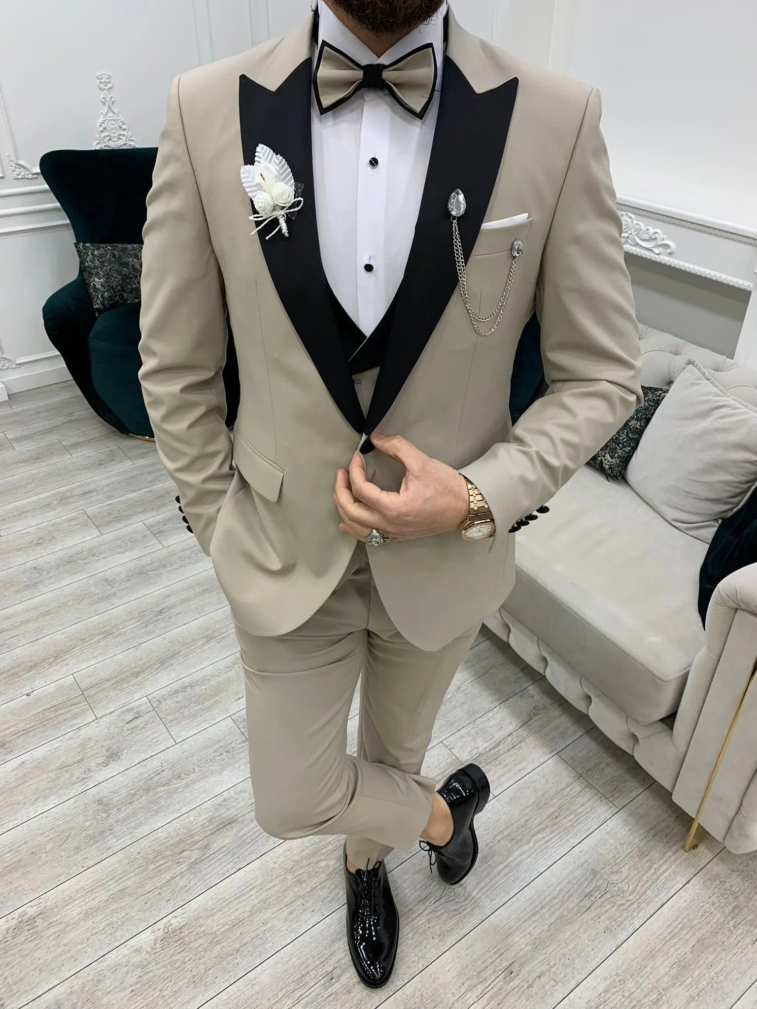 Perris Beige Slim Fit Tuxedo - Elevate Your Formal Style - BRABION