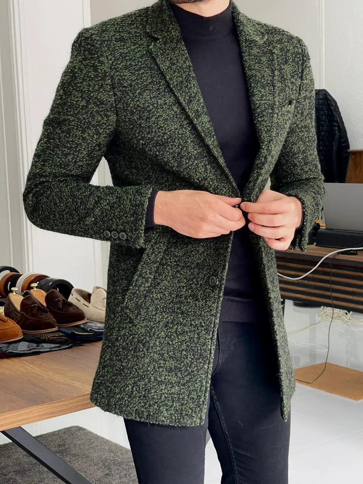 Melbourne Khaki Slim Fit Wool Long Coat - BRABION