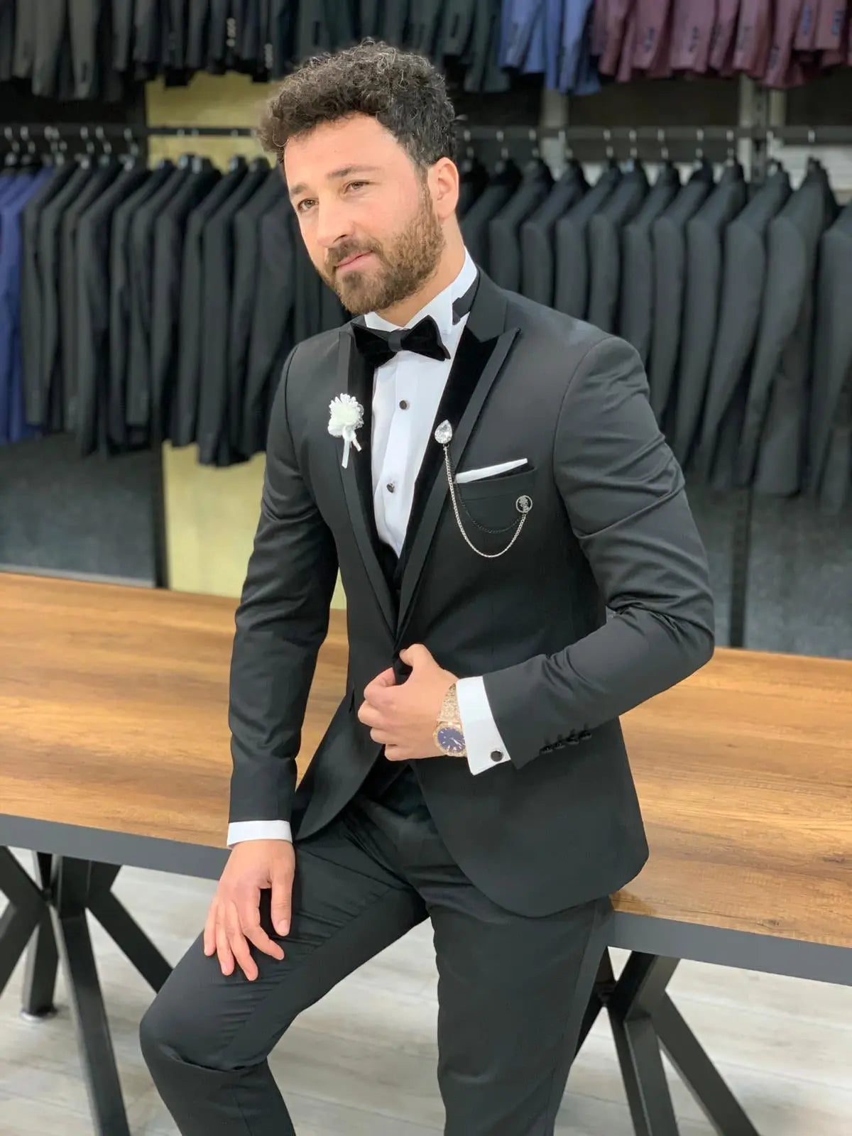 Keene Black Velvet Peak Lapel Tuxedo - The Pinnacle of Formal Elegance - BRABION
