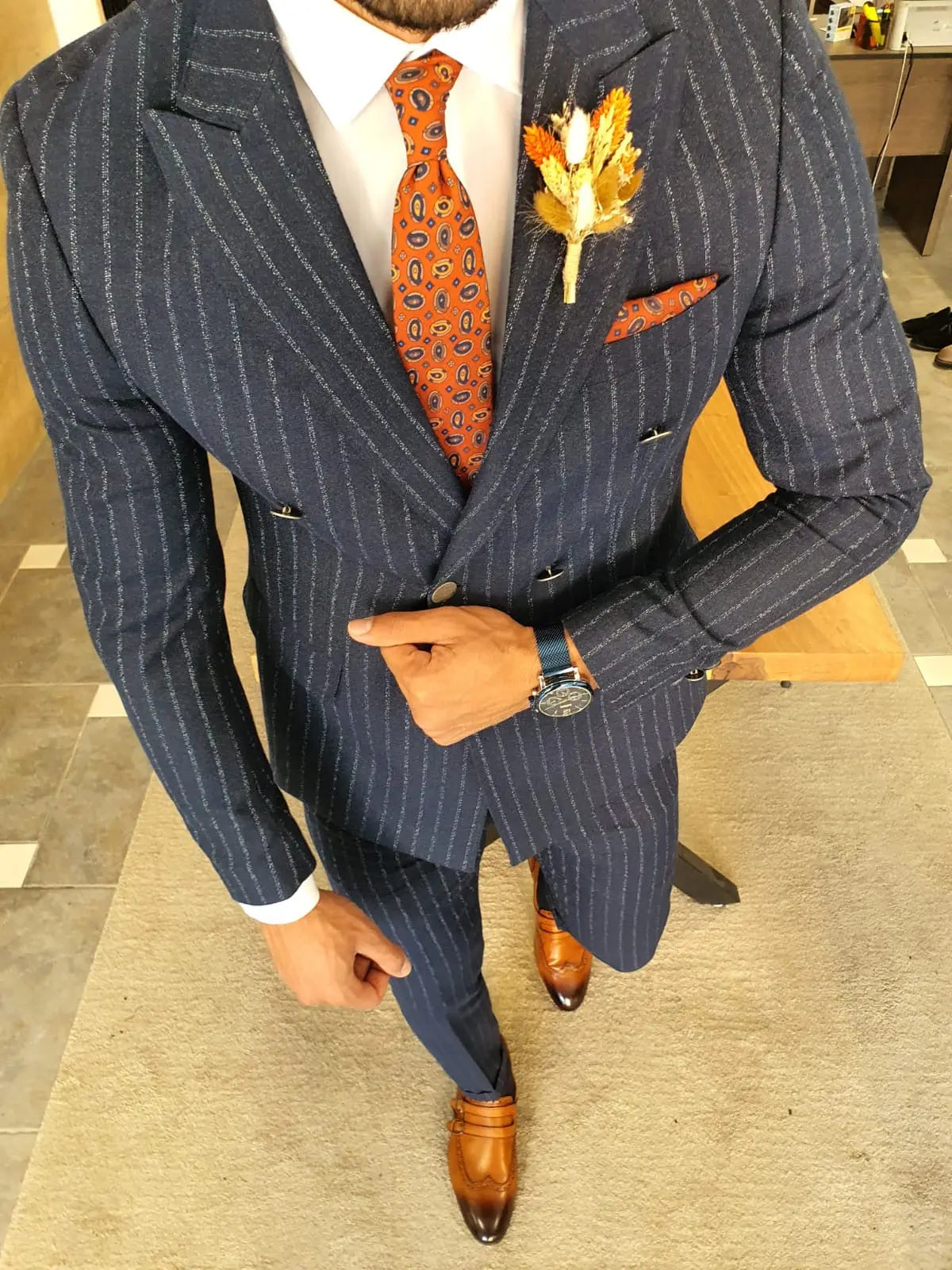 Men's Navy Blue Pinstripe Double Breasted Suit BOJONI