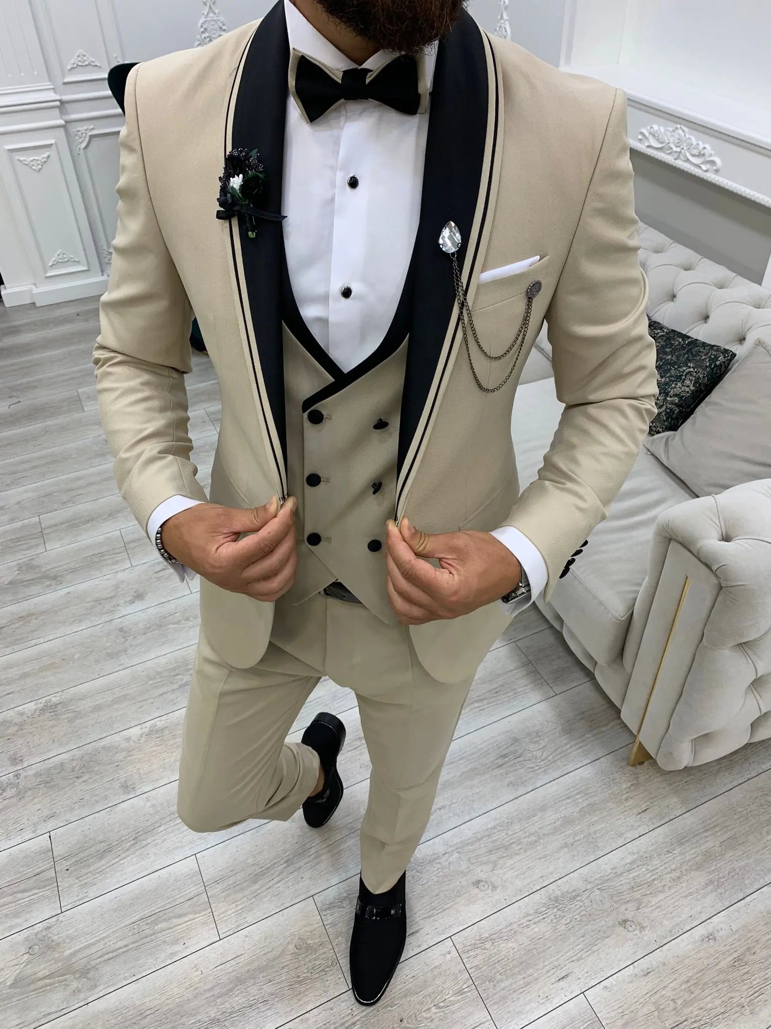 Infinite Beige Slim Fit Shawl Lapel Tuxedo - BRABION