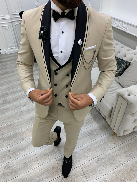 Infinite Beige Slim Fit Shawl Lapel Tuxedo - BRABION