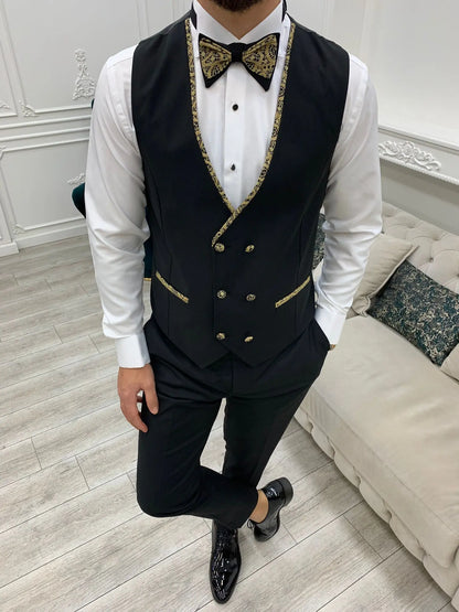 Caesar Golden Slim Fit Peak Lapel Floral Patterned Tuxedo - BRABION