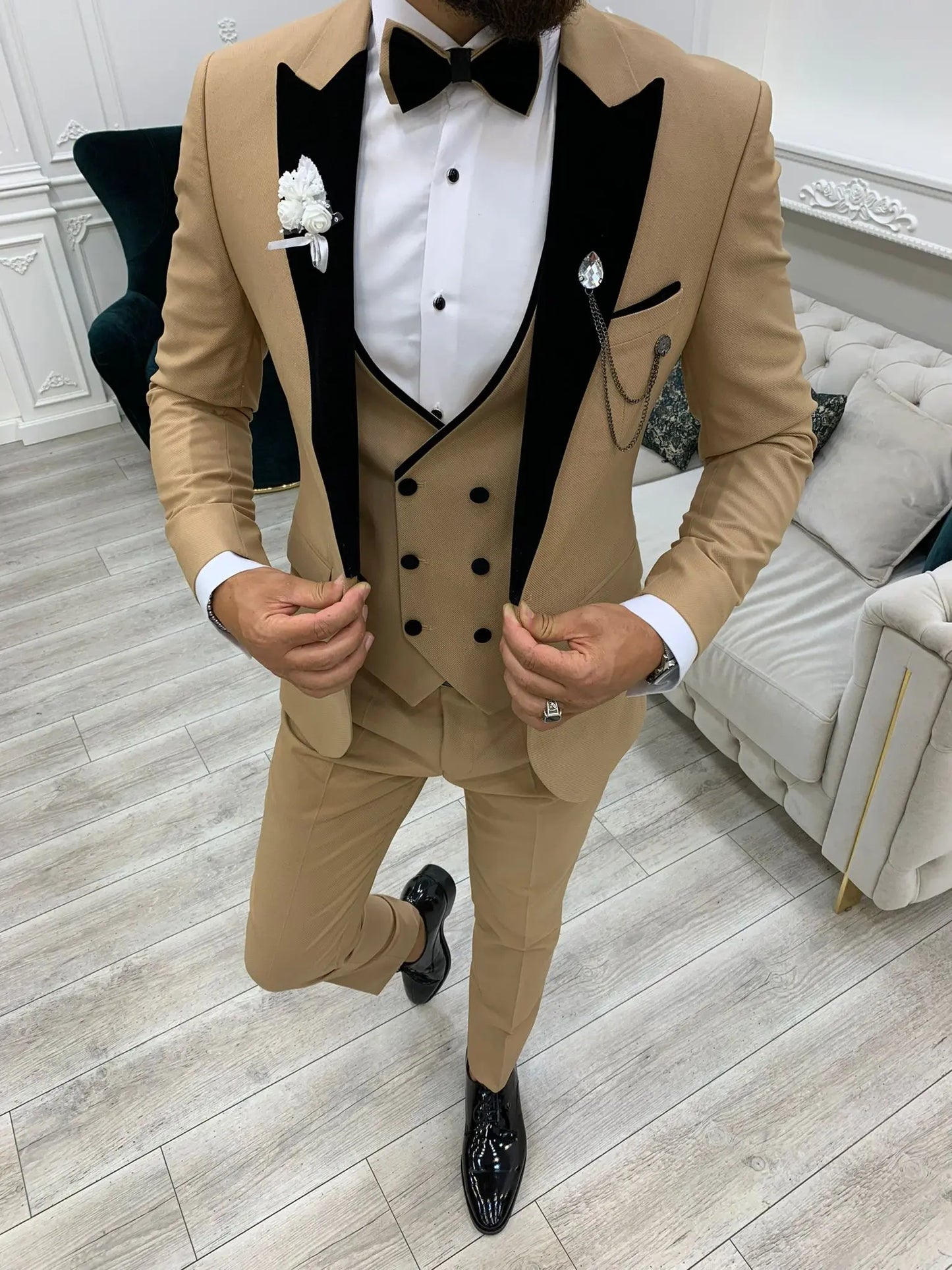 Acacia Golden Slim Fit Velvet Peak Lapel Tuxedo - BRABION