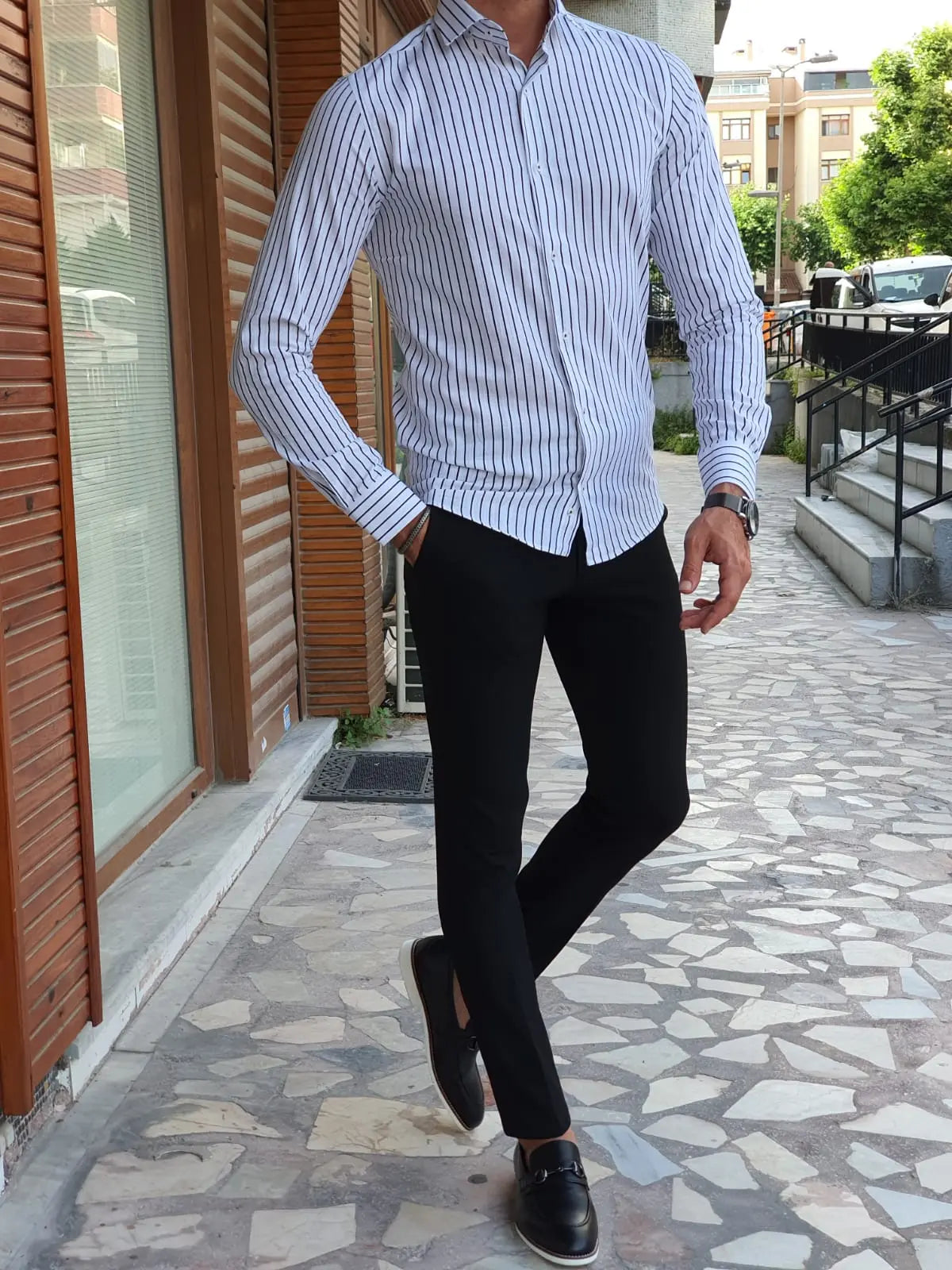 Brabion Berton Black Slim Fit Long Sleeve Striped Cotton Shirt - BRABION