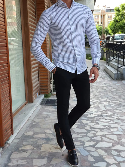 Brabion Berton Black Slim Fit Long Sleeve Striped Cotton Shirt - BRABION