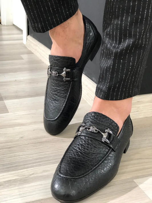 Ferrar Buckled Black Leather Loafers - BRABION