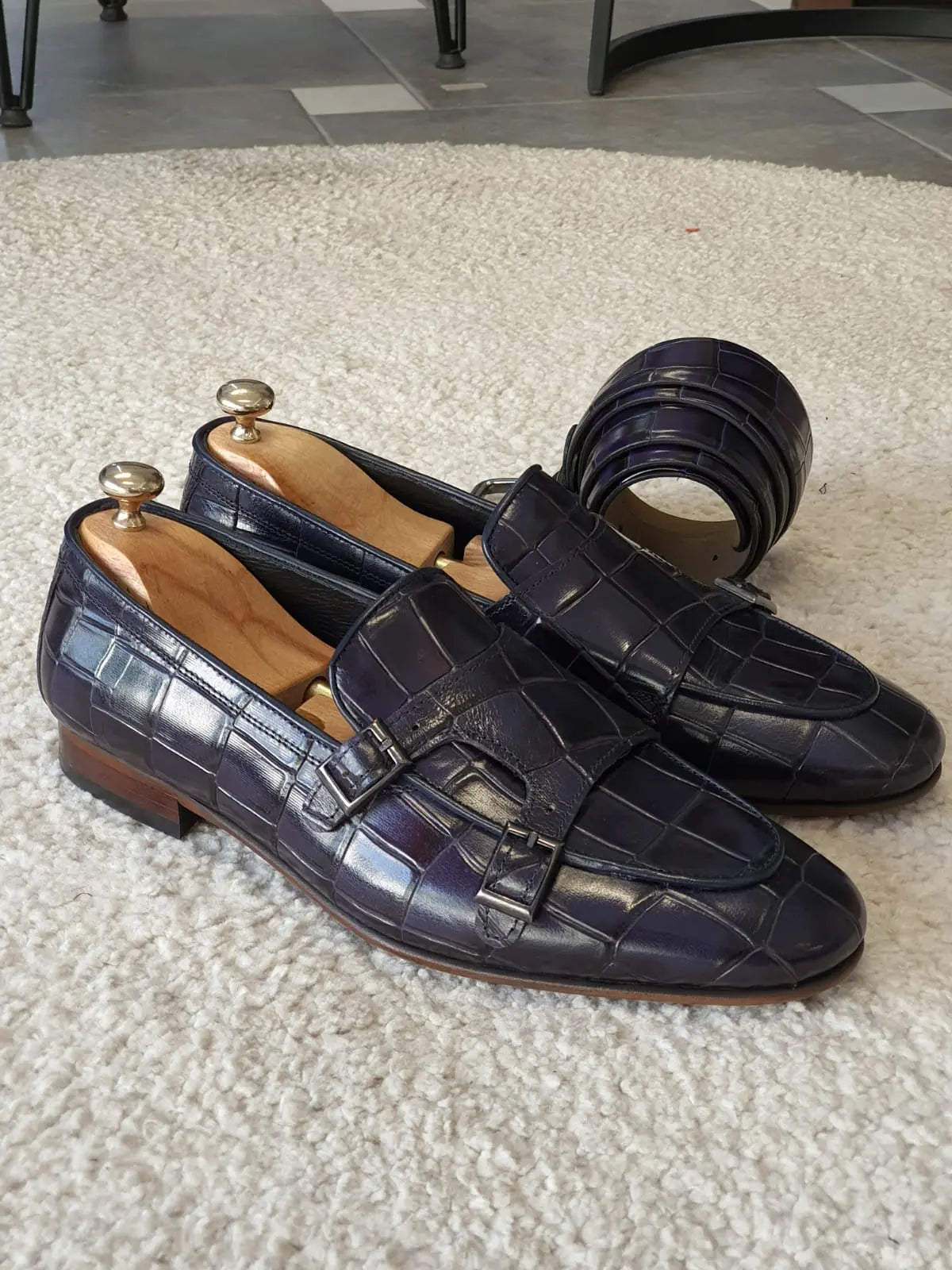Livorno Navy Blue Double Monk Strap Loafers - BRABION