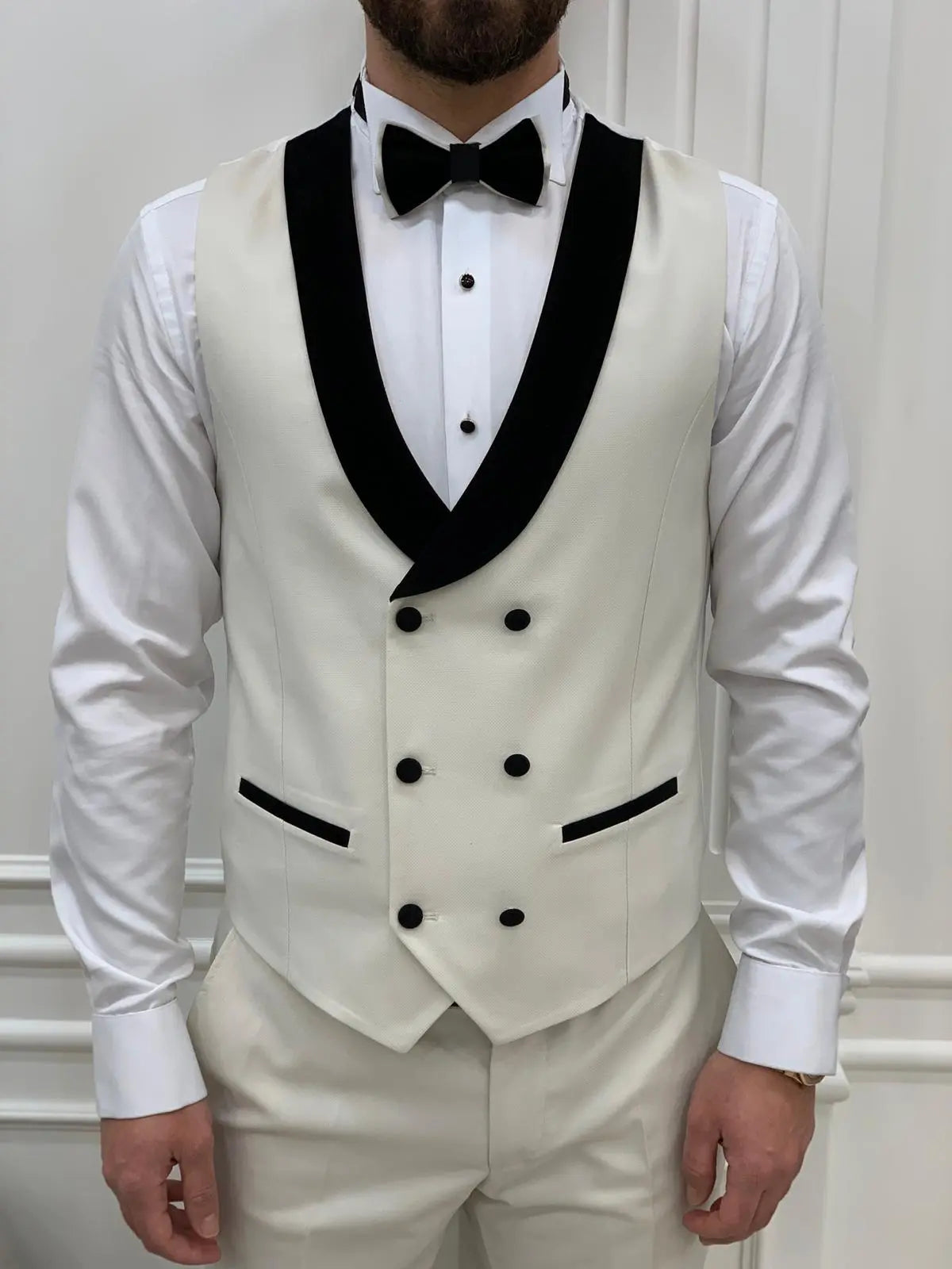 Eden Off White Slim Fit Velvet Satin Shawl Lapel Tuxedo - BRABION